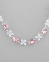 Silver Plated Pink And White Stone Studded Necklace with Earrings Set-VOJ319