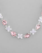 Silver Plated Pink And White Stone Studded Necklace with Earrings Set-VOJ319