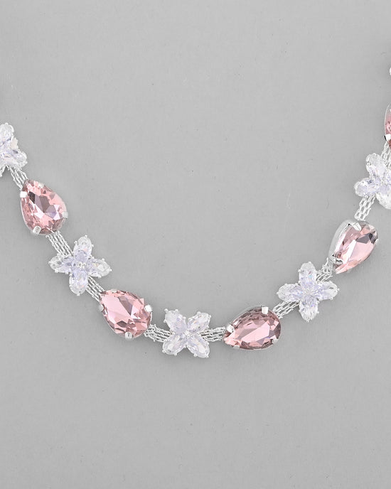 Silver Plated Pink And White Stone Studded Necklace with Earrings Set-VOJ319