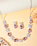 Silver Plated Pink And White Stone Studded Necklace with Earrings Set-VOJ319