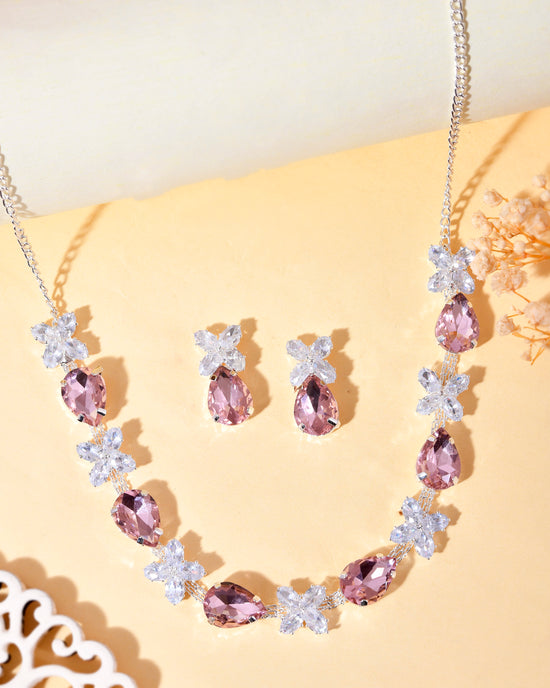 Silver Plated Pink And White Stone Studded Necklace with Earrings Set-VOJ319