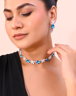 Silver Plated Blue And White Stone Studded Necklace with Earrings Set-VOJ320