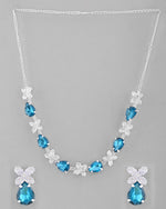 Silver Plated Blue And White Stone Studded Necklace with Earrings Set-VOJ320