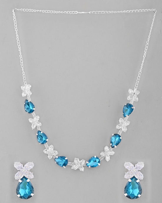 Silver Plated Blue And White Stone Studded Necklace with Earrings Set-VOJ320