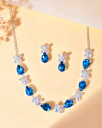 Silver Plated Blue And White Stone Studded Necklace with Earrings Set-VOJ320