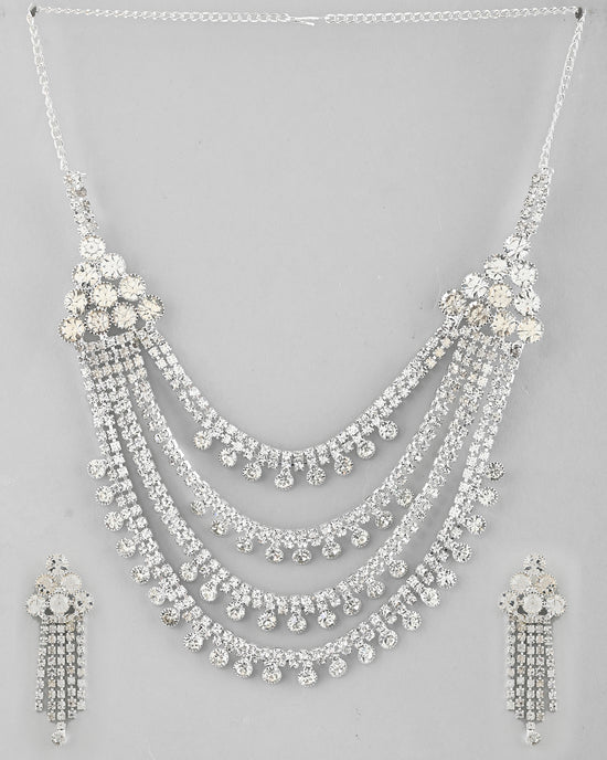 Silver Plated Stone Studded Multi Layer Jewellery Set-VOJ321