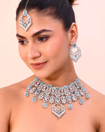 Silver Plated Designer AD Studded Necklace With Earrings And Mangtikka-VOJ324