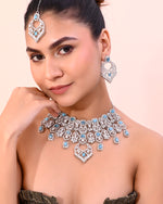 Silver Plated Designer AD Studded Necklace With Earrings And Mangtikka-VOJ324