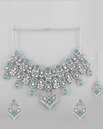 Silver Plated Designer AD Studded Necklace With Earrings And Mangtikka-VOJ324