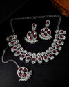 Silver Plated Pink AD Stone Studded Designer Jewellery Set With Mangtikka-VOJ326