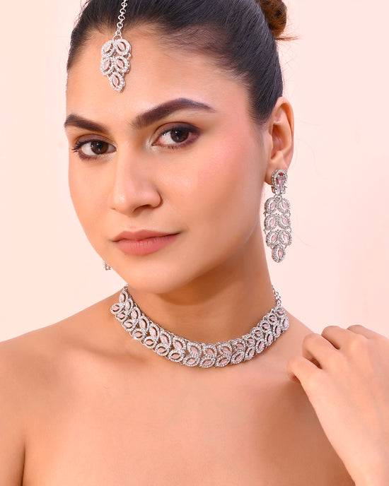 Silver Plated Baby Pink AD Stone Studded Designer Jewellery Set With Mangtikka-VOJ328