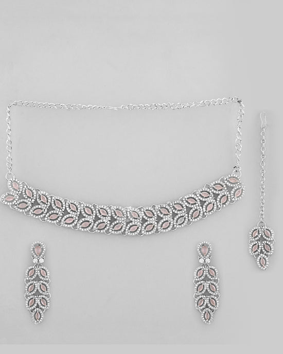 Silver Plated Baby Pink AD Stone Studded Designer Jewellery Set With Mangtikka-VOJ328