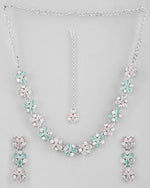 Silver Plated AD With Nude Green And Light Pink Flower Jewellery Set With Mangtikka-VOJ329