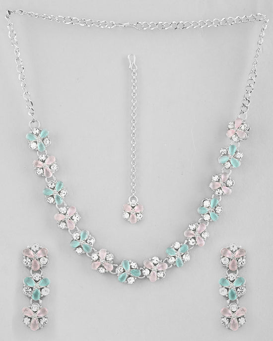 Silver Plated AD With Nude Green And Light Pink Flower Jewellery Set With Mangtikka-VOJ329