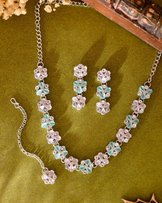 Silver Plated AD With Nude Green And Light Pink Flower Jewellery Set With Mangtikka-VOJ329