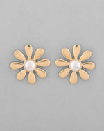 Gold Plated Flower Shaped Pearl Stud Earrings-VOJ331