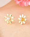 Gold Plated Flower Shaped Pearl Stud Earrings-VOJ331