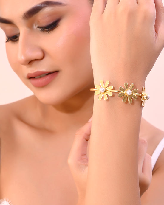 Gold Plated with 3 Flower and Pearl Kada Bracelet-VOJ333