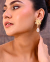 Gold Plated Flower Shaped Stone Studded Drop Earrings-VOJ334