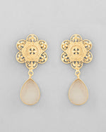 Gold Plated Flower Shaped Stone Studded Drop Earrings-VOJ334