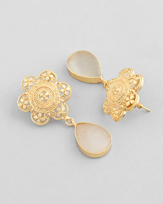 Gold Plated Flower Shaped Stone Studded Drop Earrings-VOJ334