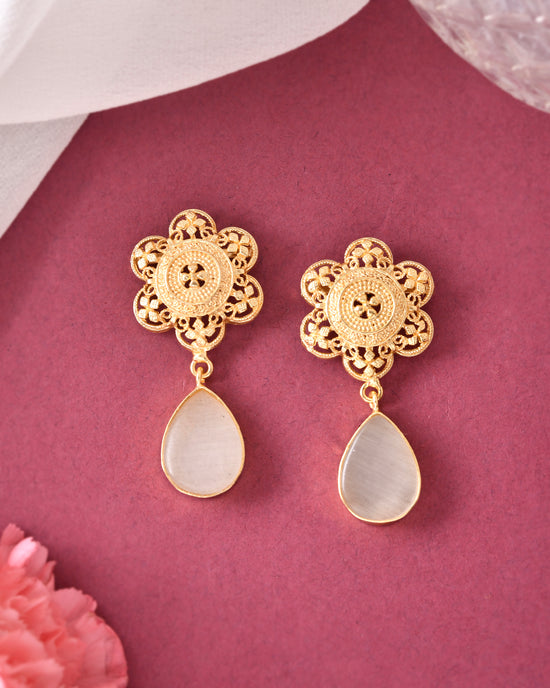 Gold Plated Flower Shaped Stone Studded Drop Earrings-VOJ334