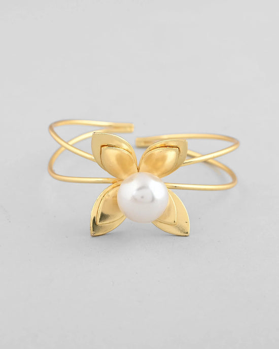 Gold Plated Flower Shaped With Pearl In Center Kada Bracelet-VOJ335