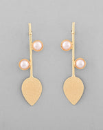 Gold Plated Leaf Shaped with Pearl Studded Earrings-VOJ337