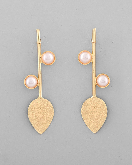 Gold Plated Leaf Shaped with Pearl Studded Earrings-VOJ337