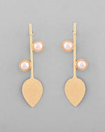 Gold Plated Leaf Shaped with Pearl Studded Earrings-VOJ337