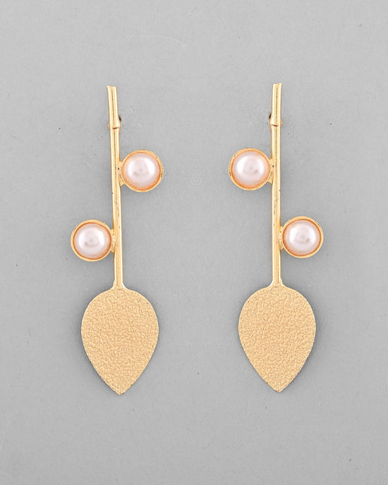 Gold Plated Leaf Shaped with Pearl Studded Earrings-VOJ337