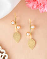 Gold Plated Leaf Shaped with Pearl Studded Earrings-VOJ337