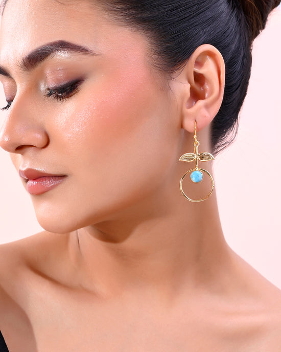 Gold Plated Blue Stone Studded Circular Drop Earrings-VOJ339