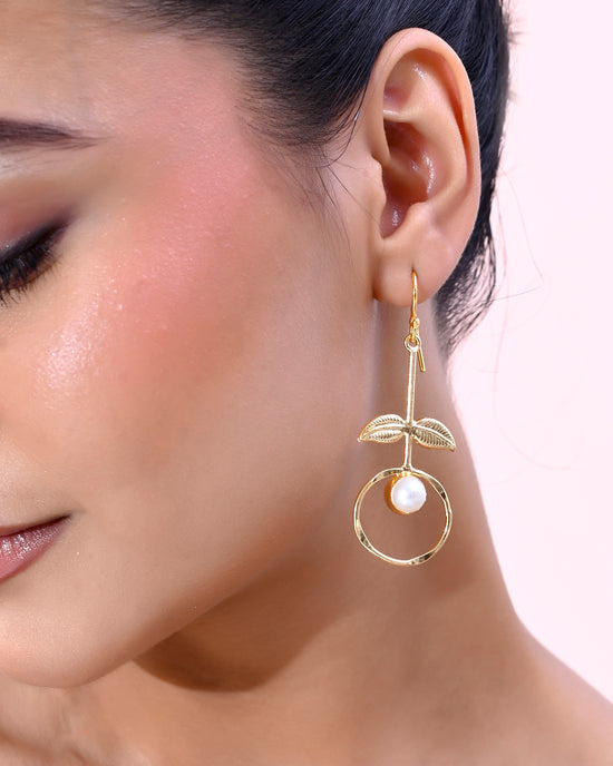 Gold Plated White Stone Studded Circular Drop Earrings-VOJ340