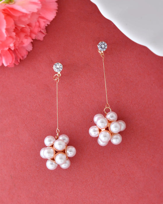 Rose Gold-Plated Handcrafted Floral Pearl Drop Earrings-VOJ341