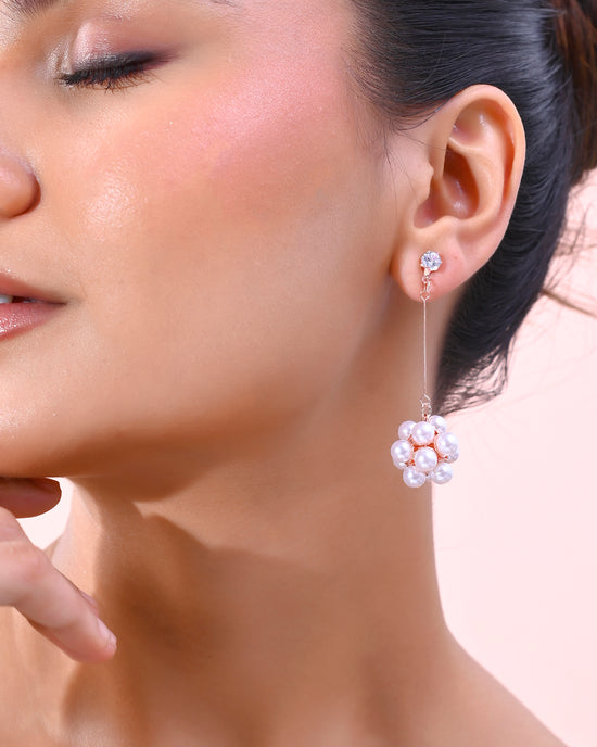 Rose Gold-Plated Handcrafted Floral Pearl Drop Earrings-VOJ341