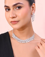 AD Stone Studded Silver Plated Necklace With Drop Earrings Set-VOJ344