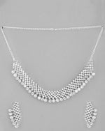 AD Stone Studded Silver Plated Necklace With Drop Earrings Set-VOJ344