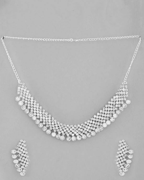 AD Stone Studded Silver Plated Necklace With Drop Earrings Set-VOJ344