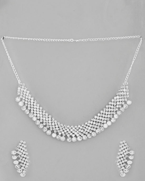 AD Stone Studded Silver Plated Necklace With Drop Earrings Set-VOJ344