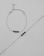 Set Of 2 Silver Plated With Black Beads Anklet-VOJ346