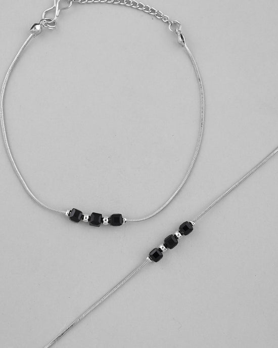 Set Of 2 Silver Plated With Black Beads Anklet-VOJ346