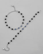 Set Of 2 Silver Plated With Black beads and Evil Eye Anklet-VOJ347