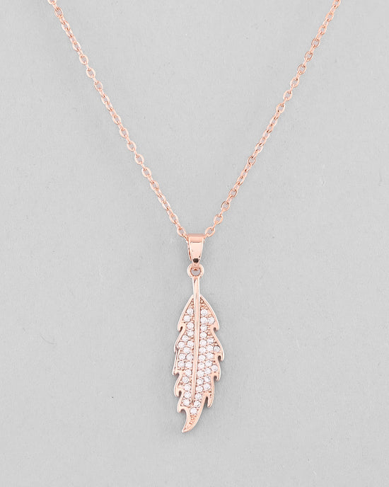 Rose Gold Plated Chain With AD Studded Leaf Shaped Pendent-VOJ349