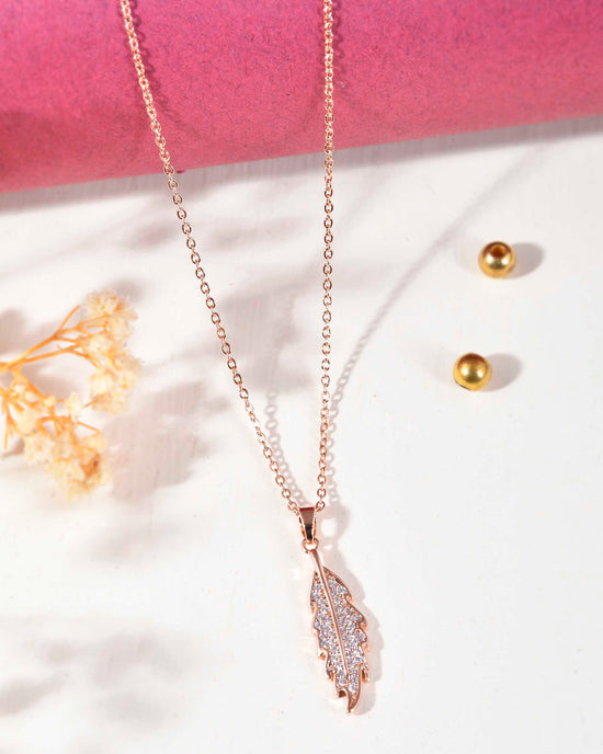 Rose Gold Plated Chain With AD Studded Leaf Shaped Pendent-VOJ349