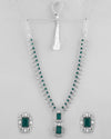 Green Silver-Plated Long Necklace Earring Jewellery Set-VOJ351