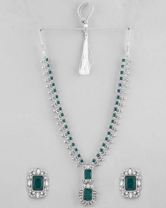 Green Silver-Plated Long Necklace Earring Jewellery Set-VOJ351