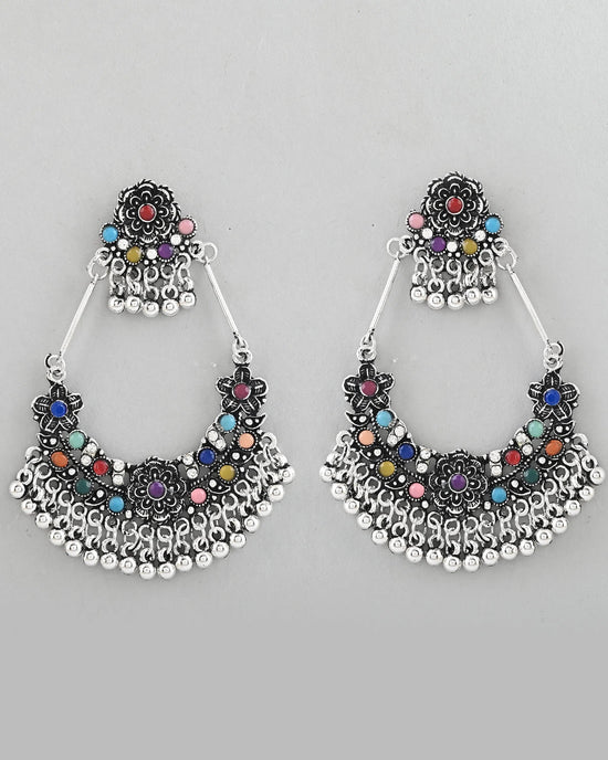 Silver-Plated multi Colour Flower Oxidized Shaped Drop Earrings-VOJ357