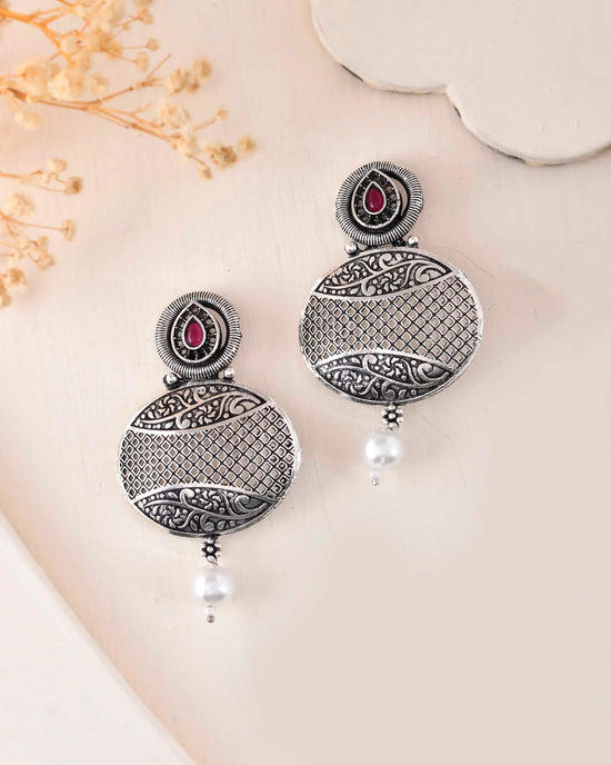 Rhodium-Plated Oxidized Contemporary With Pearl Earrings-VOJ358