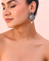 Rhodium-Plated Oxidized Contemporary With Pearl Earrings-VOJ358